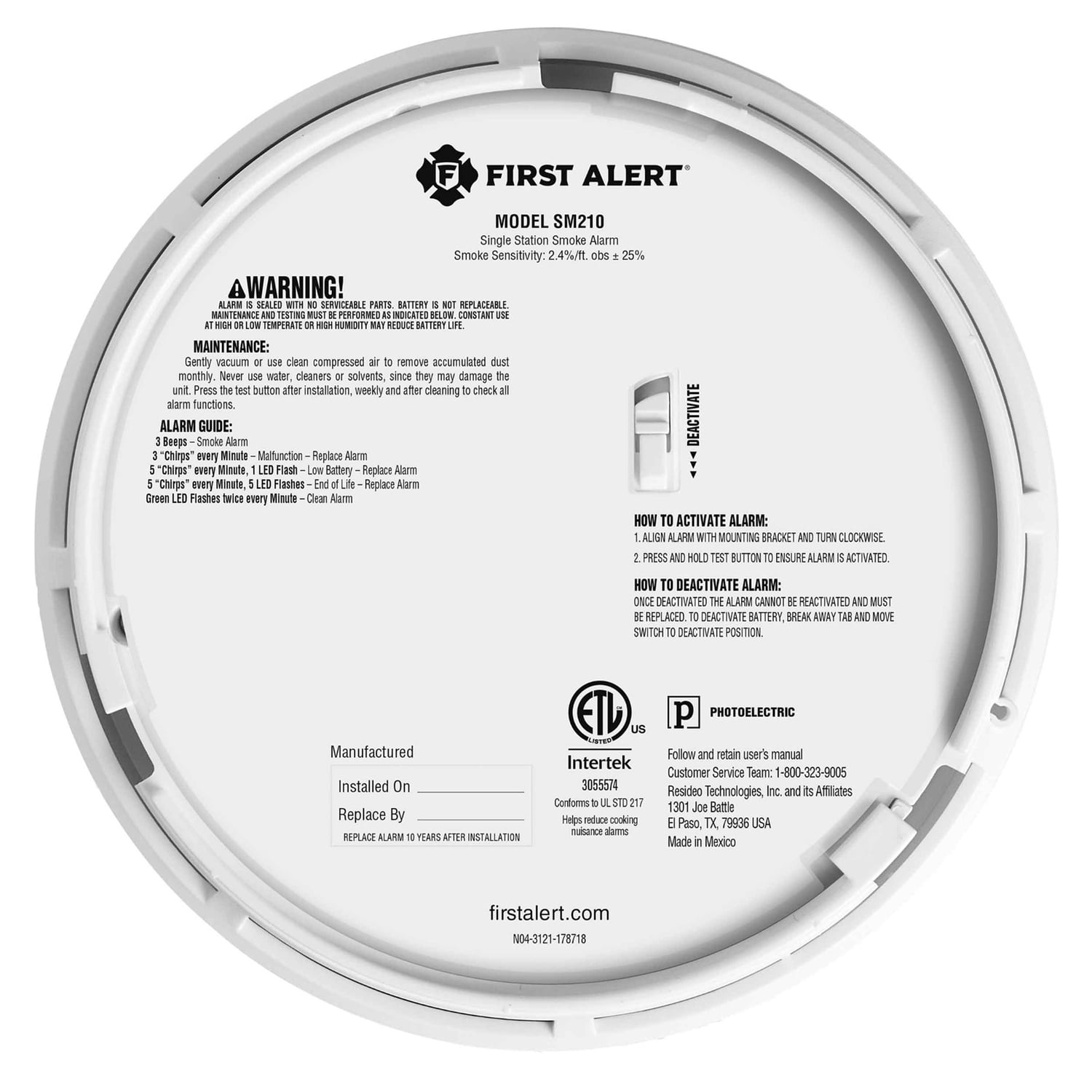 First Alert 1046731, Battery Photoelectric Sensor Smoke Alarm