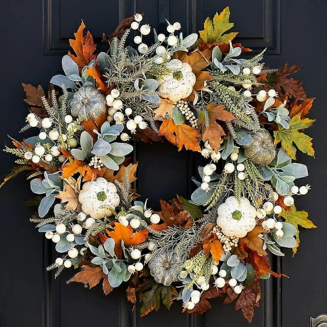 Autumn Wreath, Door Fall Decoration, Pumpkin Fall Leaf Wreath, Thanksgiving Artificial Leaf, Indoor Outdoor Fake Plant For Fireplace & Christmas (gree