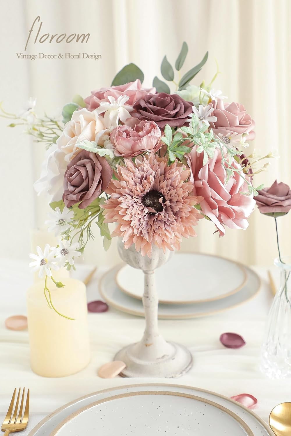 Dusty Rose Cream Artificial Flowers Fake Roses Peonies and Greenery Combo Box Set for DIY Wedding Bouquets Bridal Shower Centerpieces Floral Arrangements Party Tables Home Decorations