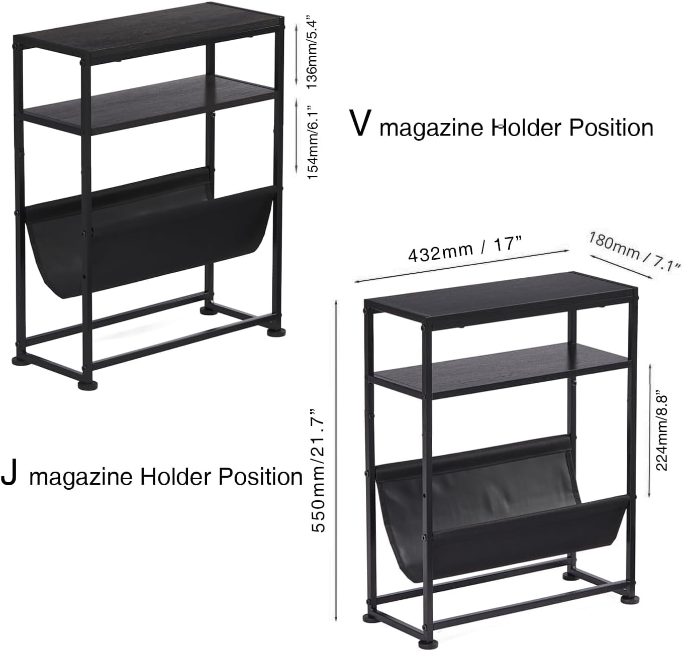 ZEXVIDA Narrow End Table for Small Spaces - Slim Side Table with Magazine Holder,2 in 1 Design Narrow End Table Living Room,Skinny Bedroom Nightstand Thin Side Magazine Table,Black