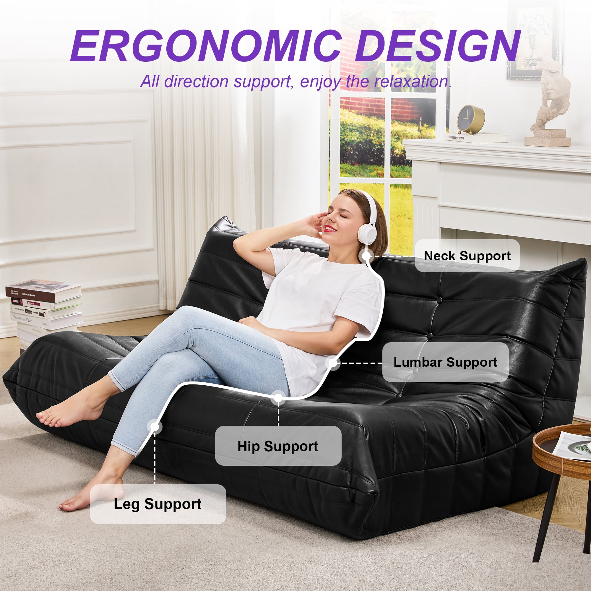 Hobestluk Bean Bag Chair Giant Bean Bag Sofa 3 Seater Bean Bag Chairs for Adults, Loveseat Floor Chair, Leather Bean Bag Chairs for Living Room Bedroom Office (Black, 3-Seater)