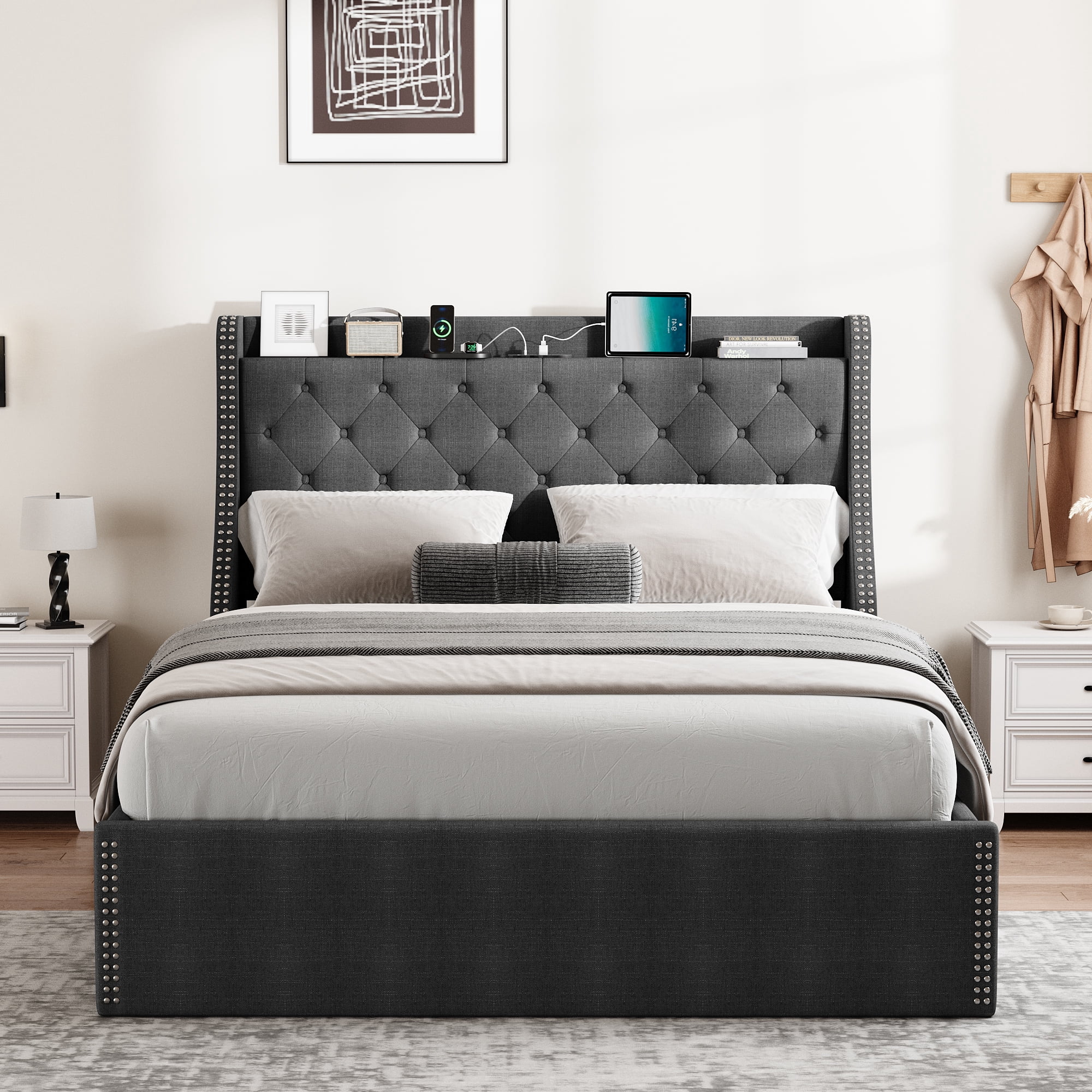 JoanKaren Full Bed Frame,Luxury Upholstered Platform Beds with Charging Station,4 Storage Drawers&Adjustable Headboard,Easy Assembly,Gray
