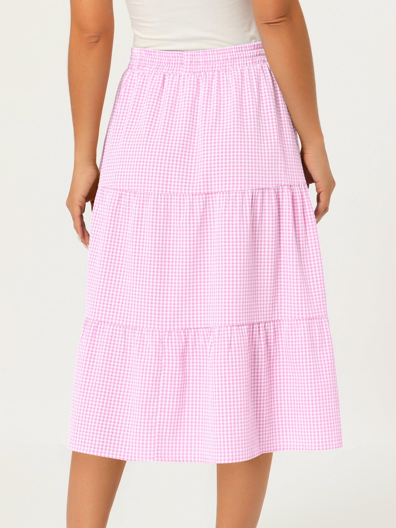 DARING DIVA Women's Gingham Drawstring Waist Tiered A-Line Midi Skirt Small Pink