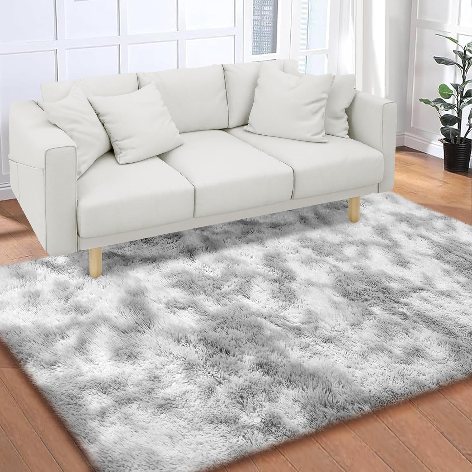 Soft Fluffy Shaggy Area Rug, 5'x7' Tie-Dyed Light Grey Anti-Slip Plush Fuzzy Carpet for Living Room Bedroom Nursery Home Decor