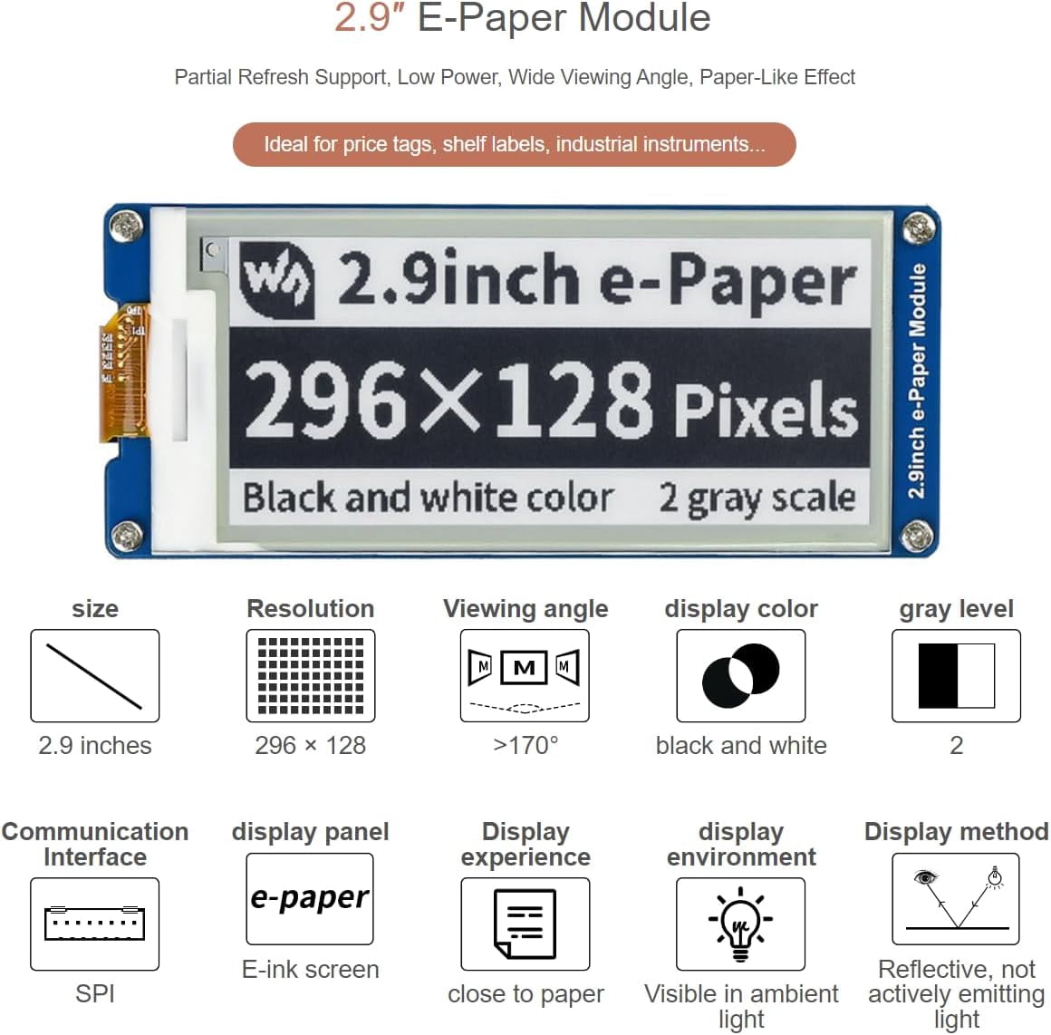 2.9inch e-Paper Display Module, 296x128 Resolution 3.3V/5V Two-Color epaper Display E-Ink Screen Module SPI Interface Compatible with /Arduino/Jetson Nano,Support Partial Refresh