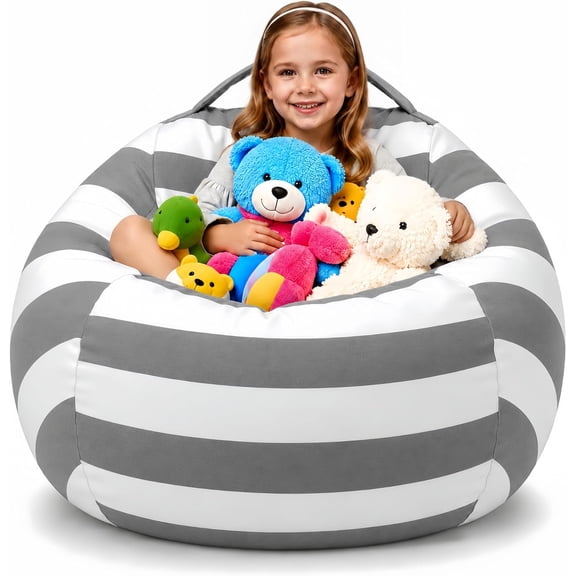 Bean Bag Chair Cover for Stuffed Animal Storage, Cotton Canvas Stuffable Zipper Beanbag for Plush Toys Organization, Heavy Duty Floor Lounger for Kids Room