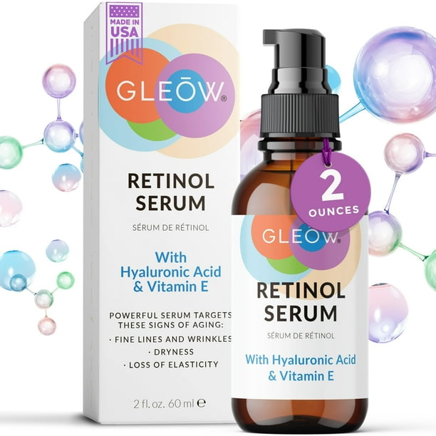 GLEOW Suero de retinol para cara con ácido hialurónico suero facial para mujeres suero hidratante de noche para cara Retinol para suero facial 2oz