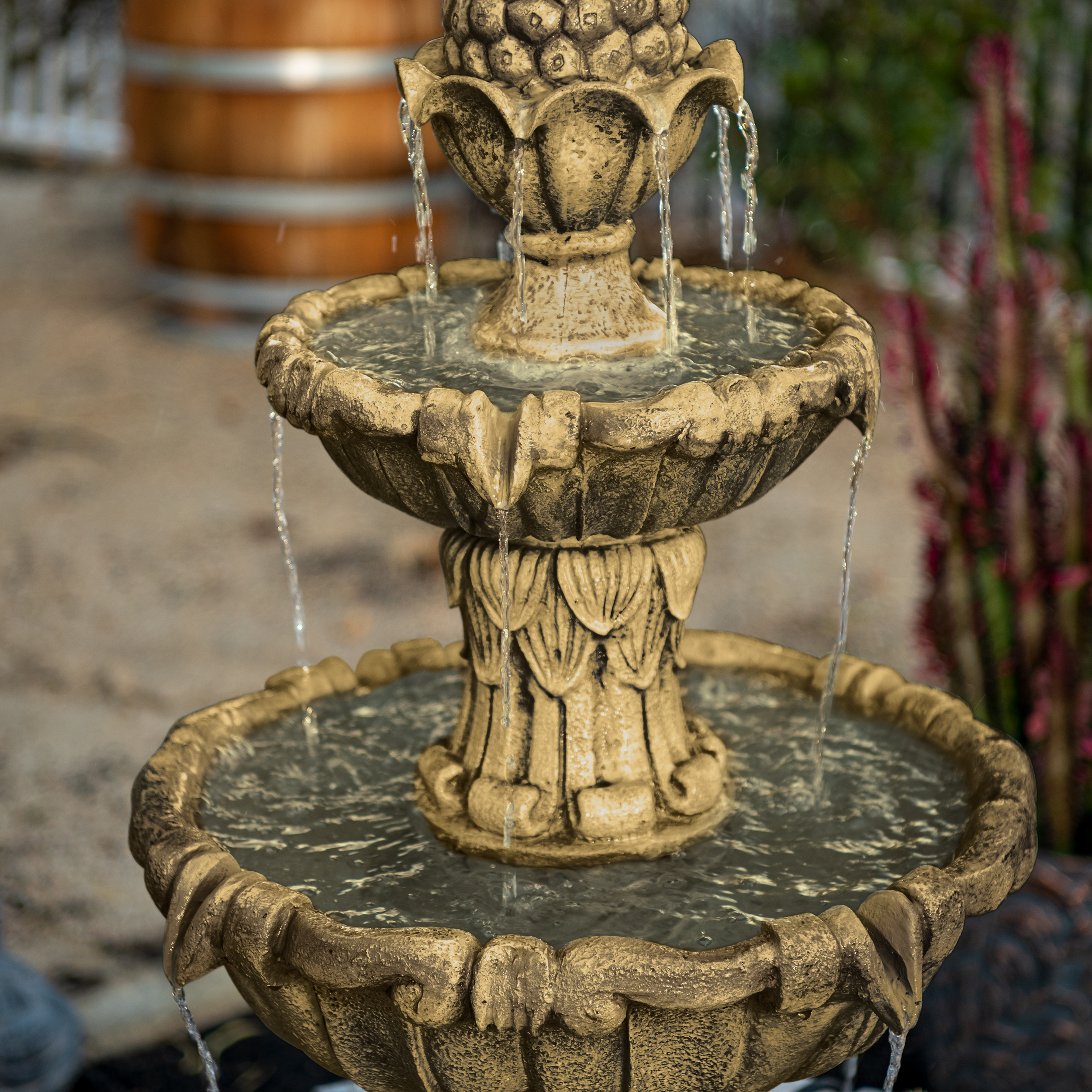58.3" 3-Tier Electric Outdoor Freestanding Water Fountain - Classic Leaf Design, Beige Resin with Pump
