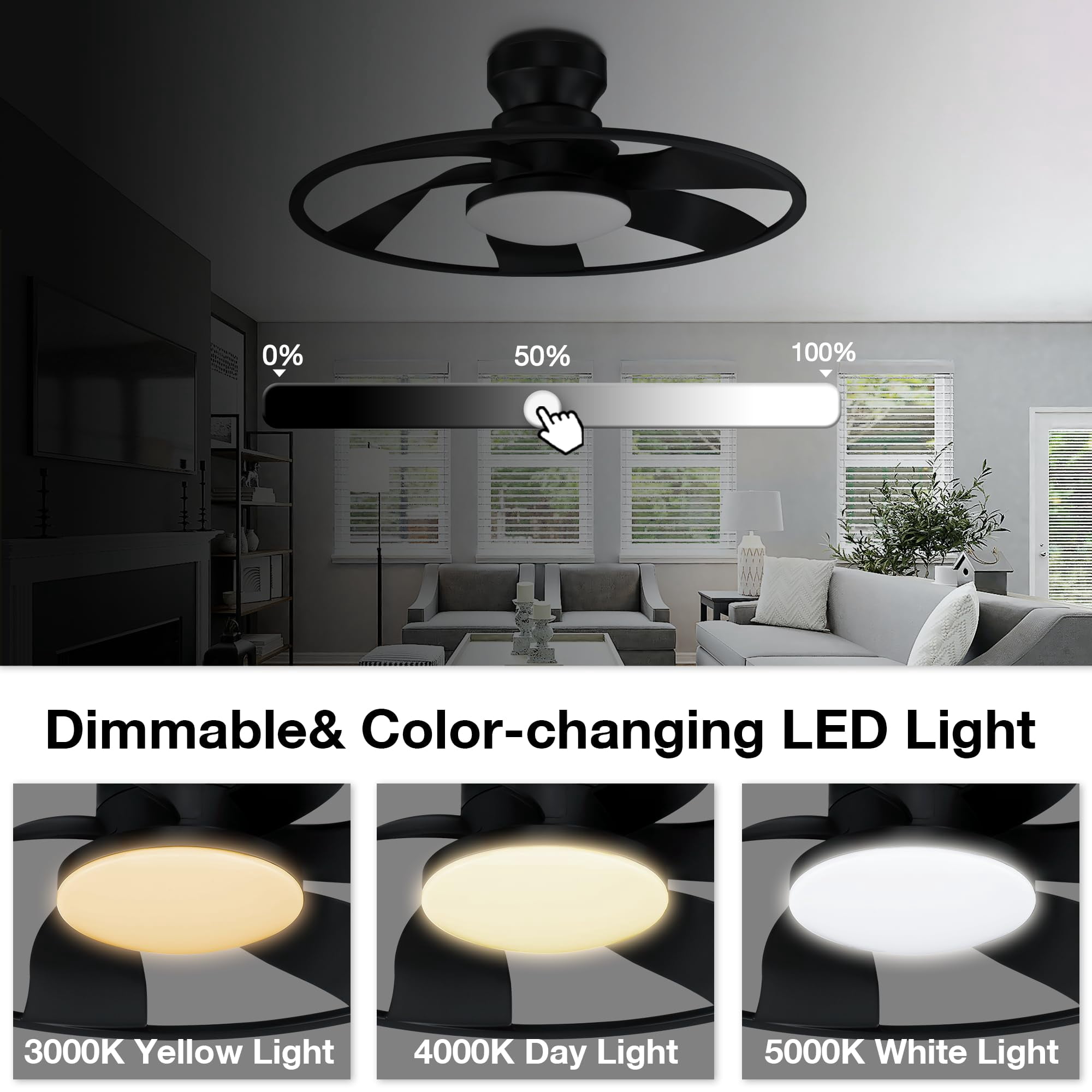22" Smart Low Profile Ceiling Fans with Lights Remote,Quiet DC Motor,Bladeless Flush Mount Ceiling Fan Controlled by WiFi Alexa App,Modern Black for Small Indoor Bedroom Outdoor Patio