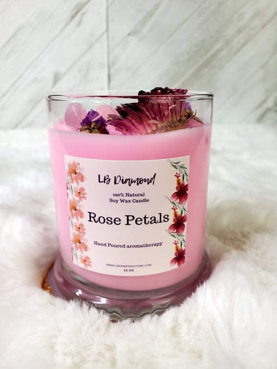 Roses and Glitter White and Red Rose Soy Wax Candle Made with Real Rose Buds Geranium Scented Rose Scented Crystals Handmade Art