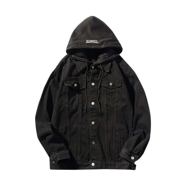 LOVZFMLL Jackets for Men's Motorcycle Solid Color Button Pocket Long Sleeved Hooded Denim Jacket