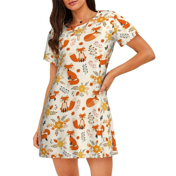 Balery Flower Fox Camisón de manga corta con cuello redondo para mujer, cómodo y elegante.