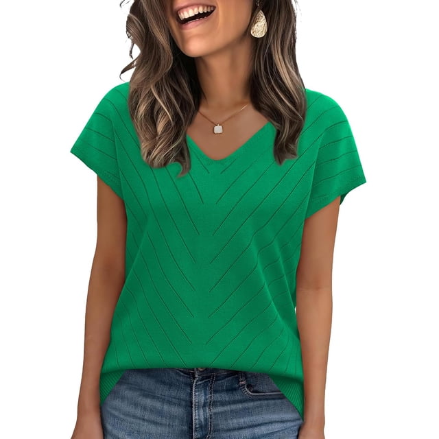 Suéter verde WIHOLL con cuello en V y manga corta, top casual