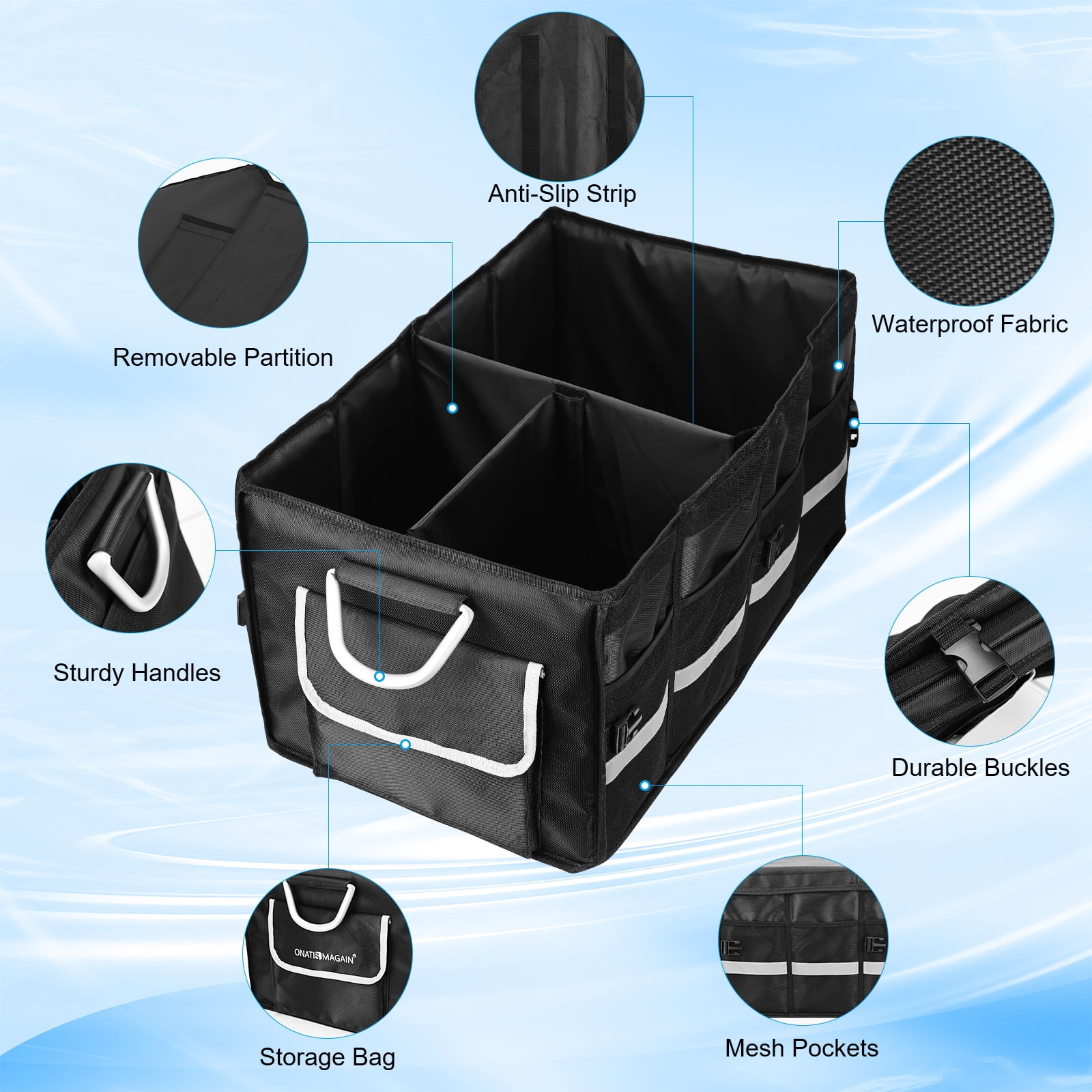 Car Trunk Organizer for SUV, Lychee Collapsible Multi Compartments Trunk Vehicle Organizer, Waterproof Car Storage Organizer with Foldable Lid, Aluminium Handle, Non Slip Bottom (Black)