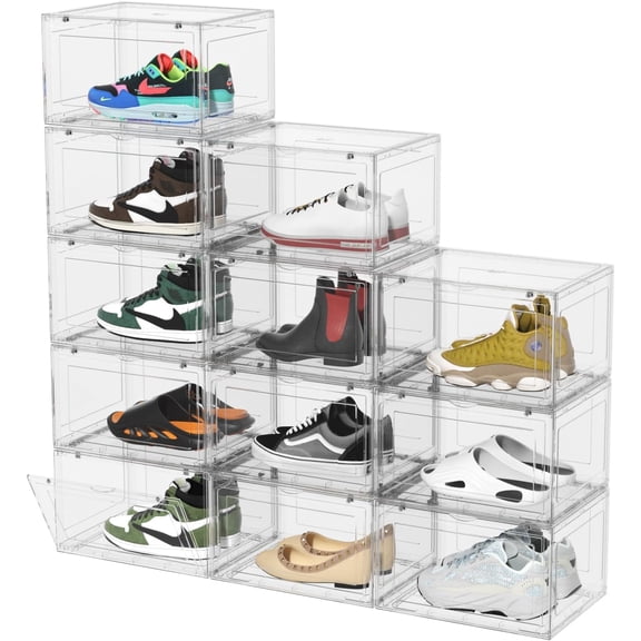 Asking 12-Pack Acrylic Clear Plastic Stackable Shoe Storage Boxes with Magnetic Front Door, Clear Shoe Case Containers Sneaker Storage