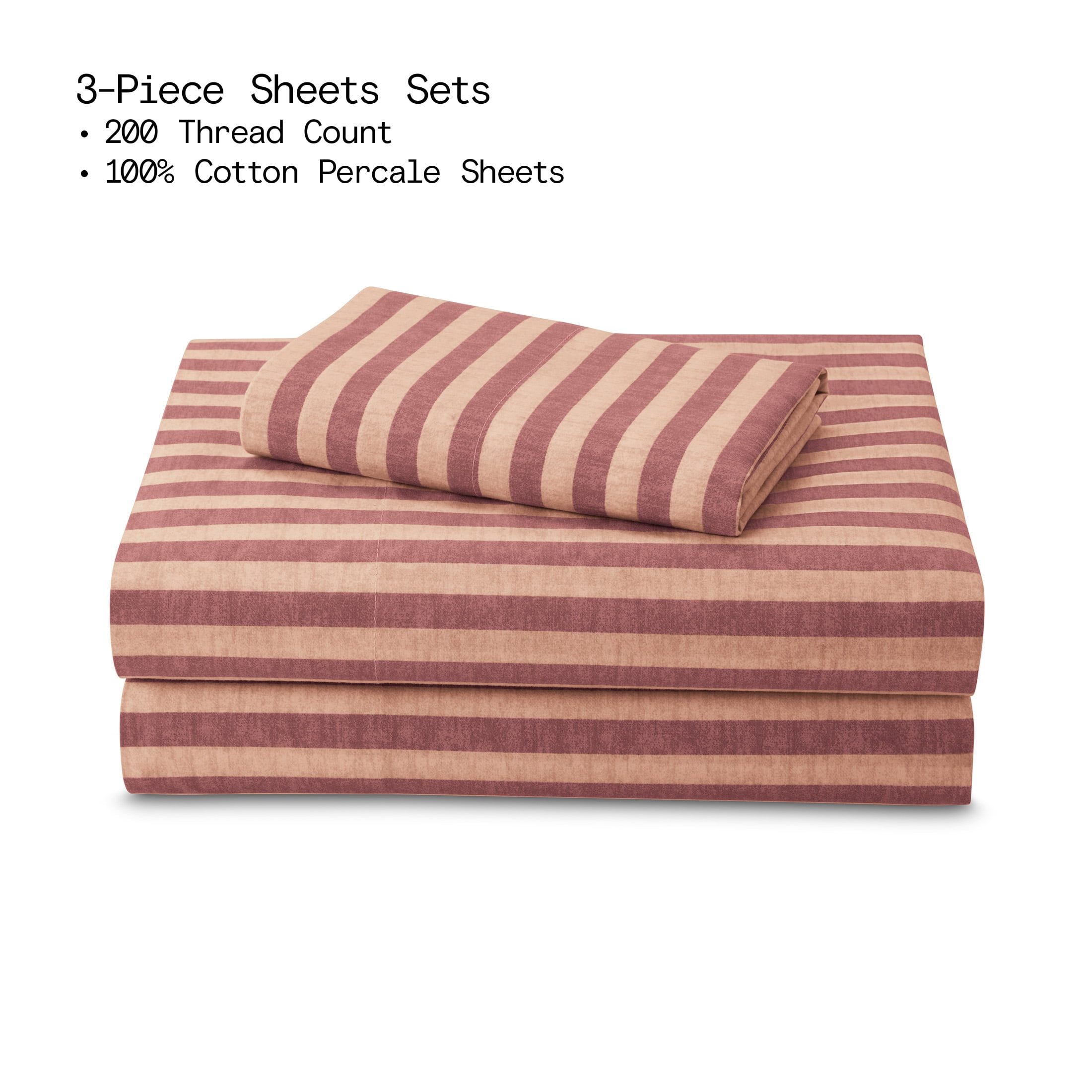 Beautiful Striped 3-Piece 100% Cotton Percale Rosé Pink Sheet Set, Twin by Drew Barrymore