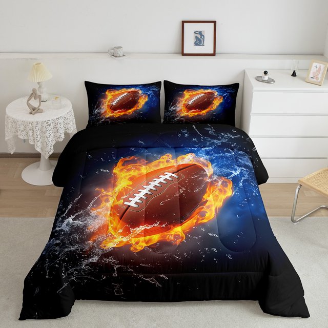 Erosebridal 3D Fire Rugby Bedding Comforter Set, Football Lover Comforter Sets , Soccer Sport Reversible Down Comforter, Ultra Soft Room Decorative, 2-Piece