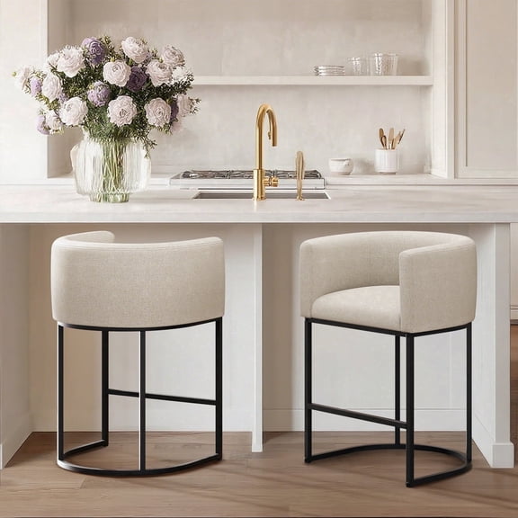 NEWLAYOUT Counter Height Bar Stools Set of 2, 24" Height Barstools for Dining Room, Upholstered Bar Chair for Kitchen Island, Beige