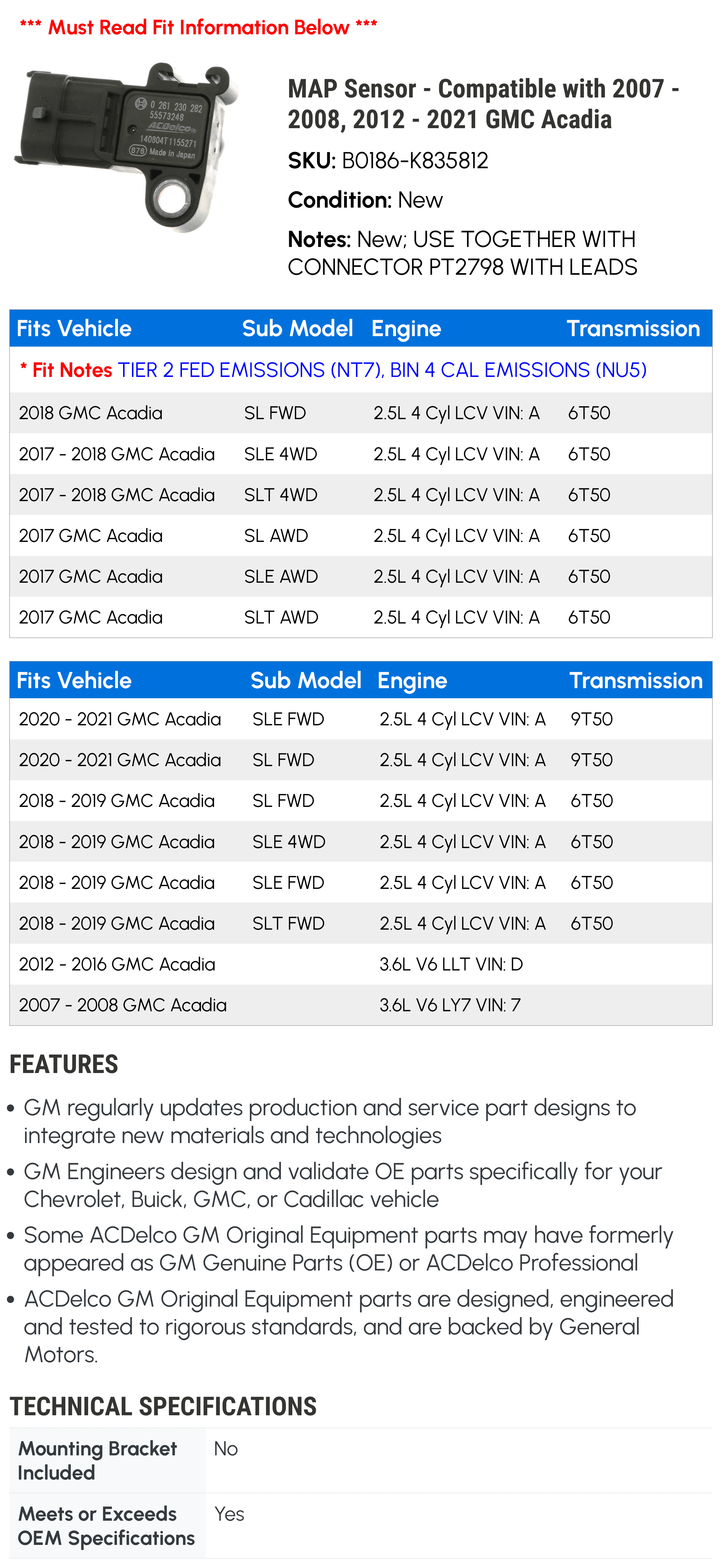 MAP Sensor - Compatible with 2007 - 2008, 2012 - 2021 GMC Acadia 2013 2014 2015 2016 2017 2018 2019 2020