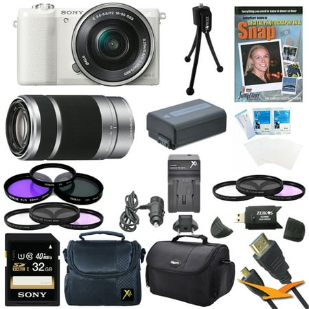 Sony a5100 ILCE5100L/W ILCE5100L ILCE5100 ILCE5100lw 16-50mm Interchangeable Lens Camera with 3-Inch Flip Up LCD (White) Bundle with SEL 55-210 Zoom Lens (Silver), Sony 32GB Class 10 SD card, Spare B