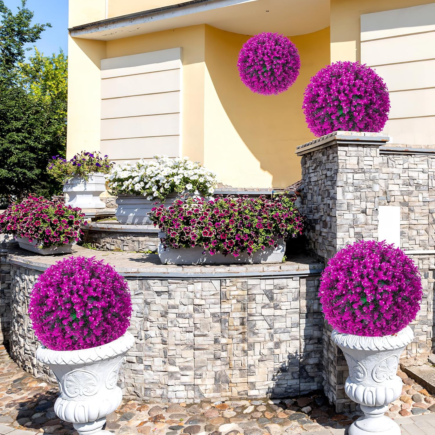 2 PCS 16 Inch Artificial Plant Purple Eucalyptus Topiary Ball, Anti-Fading Faux Decorative Boxwood Balls, Hanging Fake Plants Balls for Garden, Wedding Party, Patio Indoor Outdoor Decor