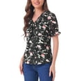 thumbnail image 4 of Blusa de mujer con volantes florales, escote en V y mangas cortas abullonadas INSPIRE CHIC, 4 of 5
