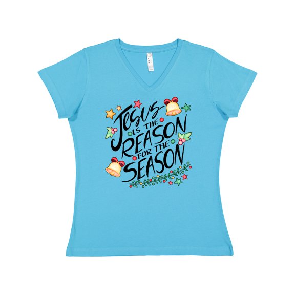 Inktastic Jesus is the Reason for the Season Christmas Bells and Stars Women's V-Neck T-Shirt