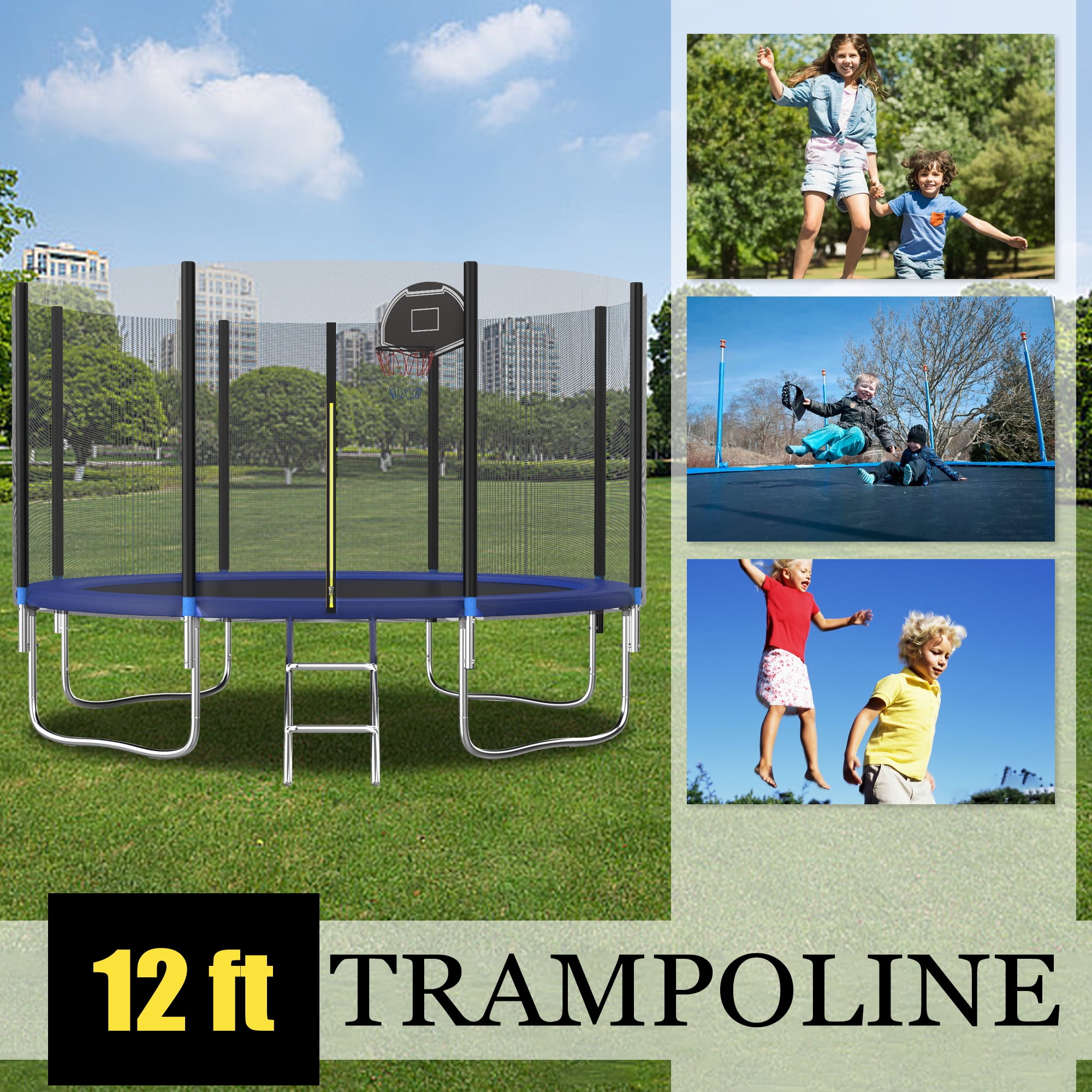 Shengchao Trade 12FT Trampoline with Safety Enclosure Net, ASTM Approval, and Basketball Hoop