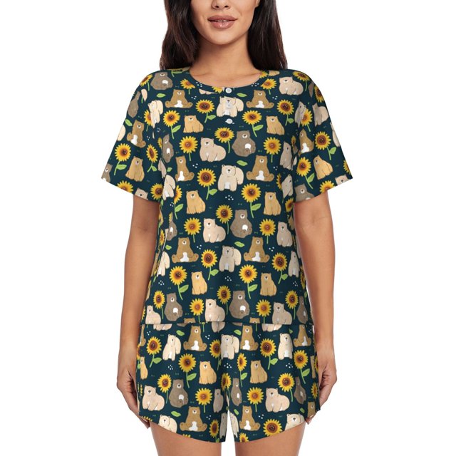 Fotbe Bear Sunflower Conjunto de Pijama Estampado para Mujer, 2 Piezas, Ropa de Dormir con Camiseta de Manga Corta y Shorts Suaves-4X-Large