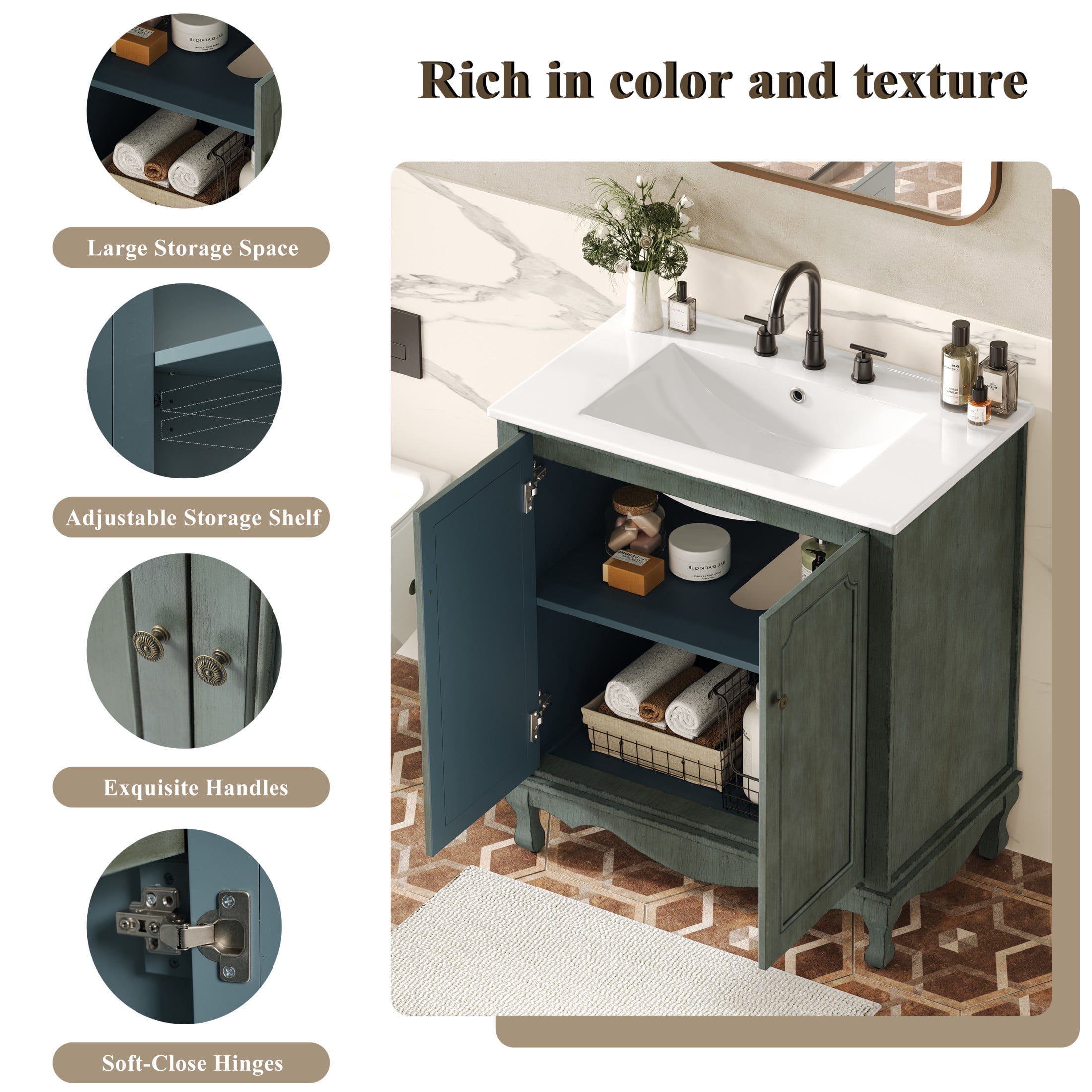 Christopher Knight Home Vintage 30" Bathroom Vanity, Ceramic Sink, 2 Soft-Close Doors, Adjustable Shelves, Antique Teal, Set of 2