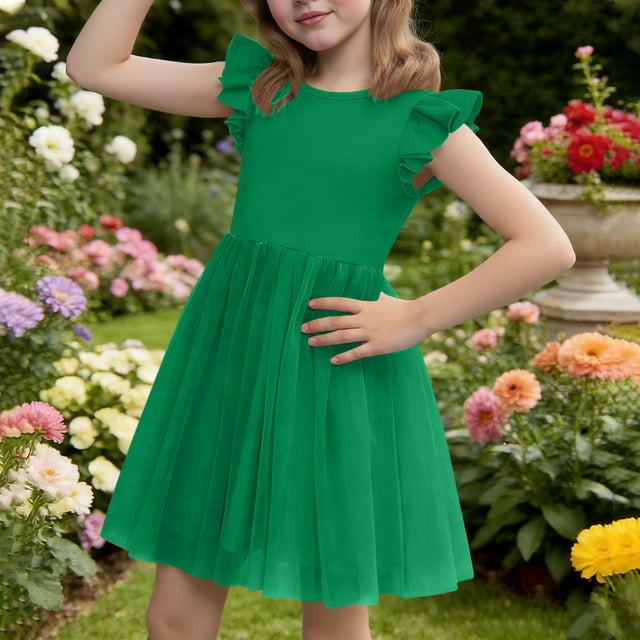 Vestido de princesa con volantes, cuello redondo y manga corta para niña, primavera y verano