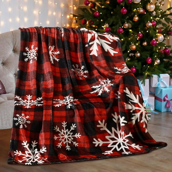 51 x 59 Inches Christmas Red Plaid Fleece Blanket Christmas Holiday Throw Blanket with Snowflakes Xmas Flannel Throw Blanket Rustic Buffalo Plaid Blanket for Bed Couch Decor(Red Black)