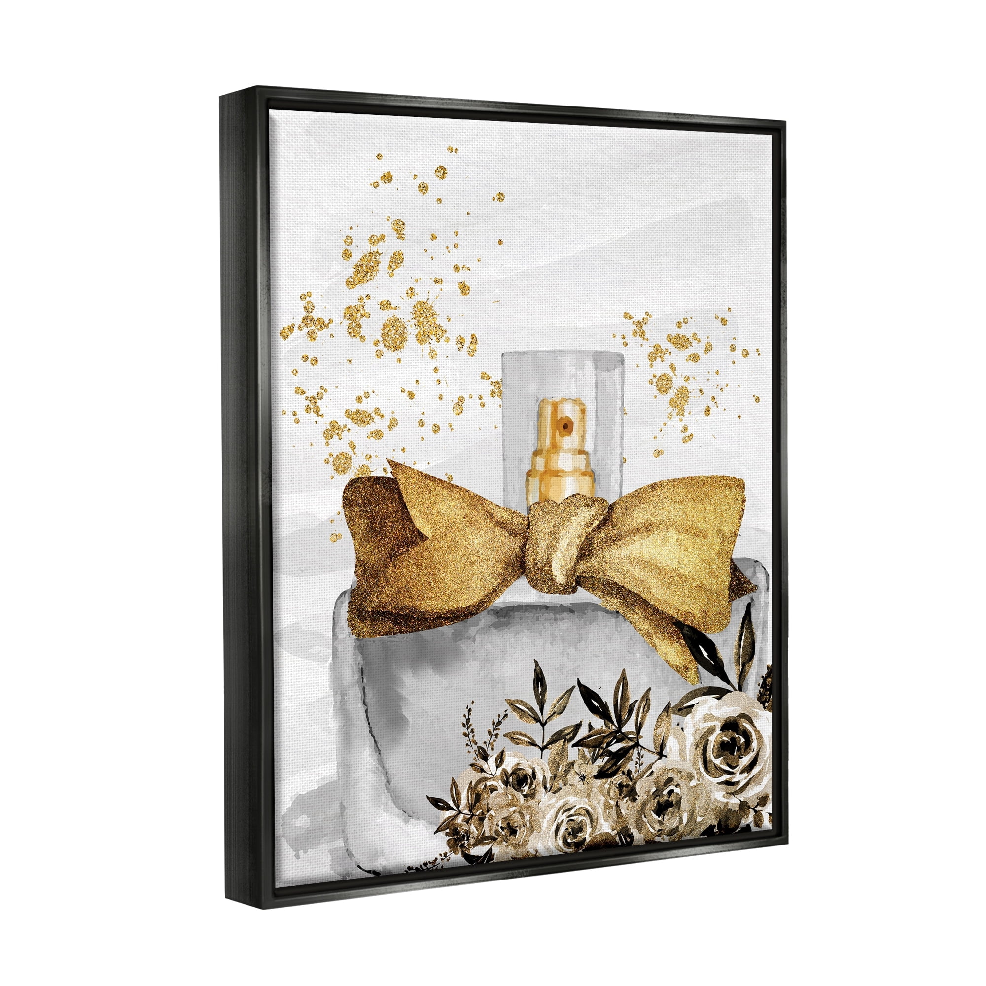 Stupell Industries Glitzy Floral Perfume Bottle Speckled Glam Design Graphic Art Luster Gray Floating Framed Canvas Print Wall Art, Design by Kim Allen