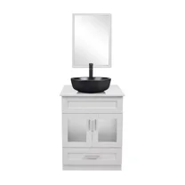 FULLWATT 24" Bathroom Vanity Black Cabinet Mirror Set with Ceramic Vessel Sink Bowl Faucet