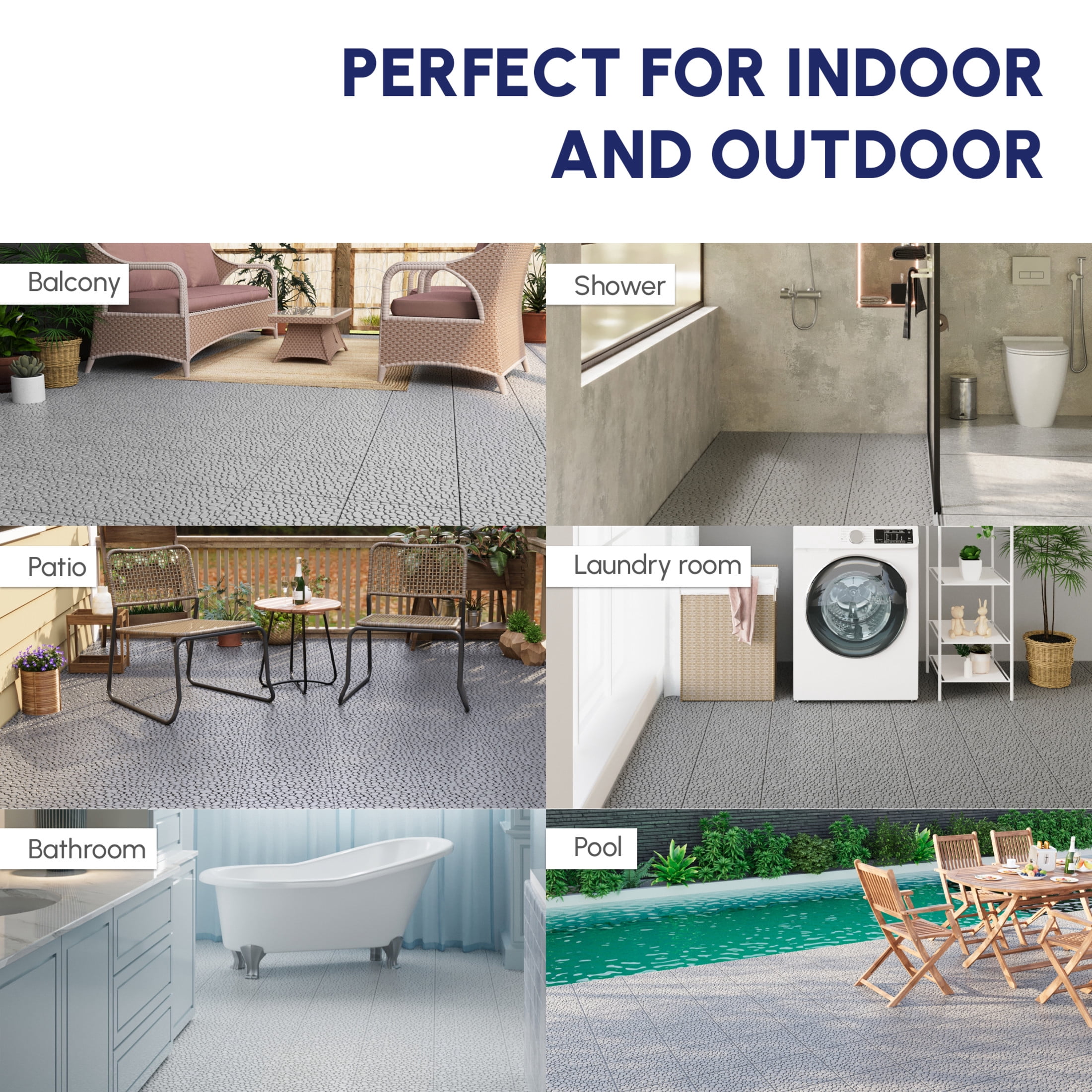 Noble House 12" Pebble Plastic Interlocking Deck Tiles, Waterproof Anti-Slip Outdoor Flooring, Gray, 60 PCS