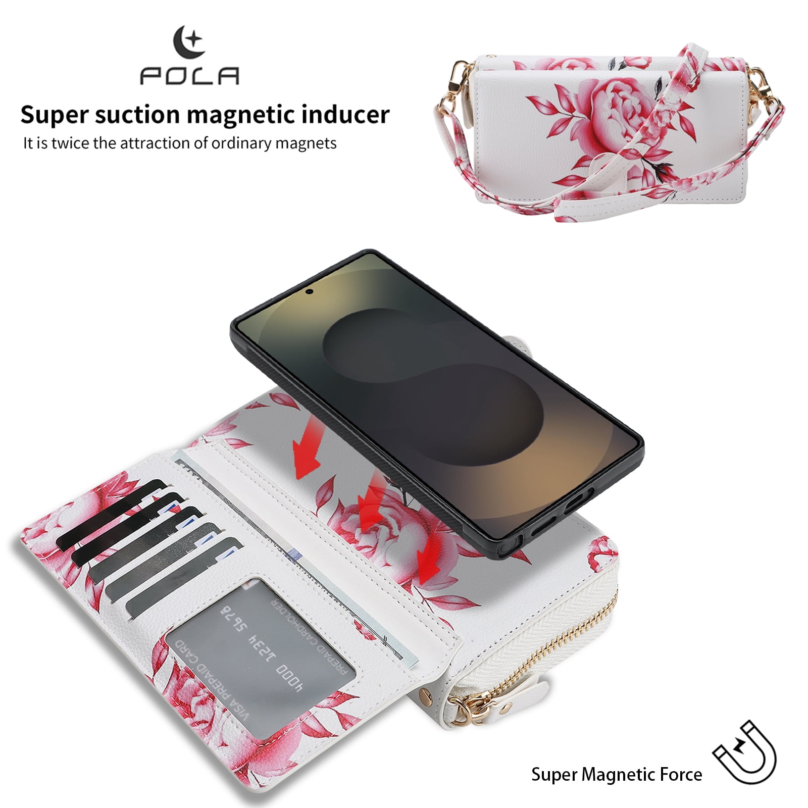 TECH CIRCLE 2-in-1 Wallet Case for Galaxy S23 (6.1", 2023), Detachable Magnetic Back Cover, PU Leather Flip Flower Phone Case with 15 Card Slots, Zipper Pocket, Wrist/Shoulder Strap, White