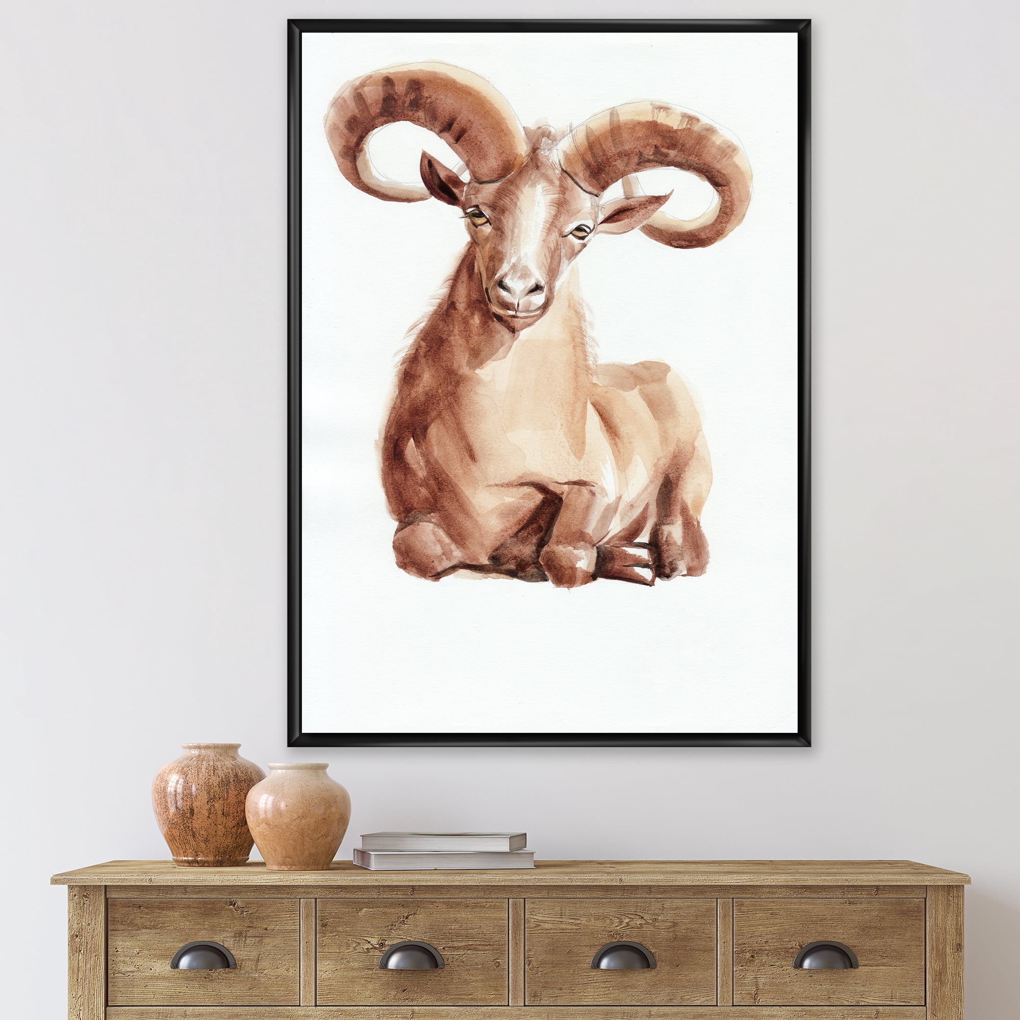 Designart 'Abstract Portrait of Wild Ram With Mighty Horns II' Farmhouse Framed Canvas Wall Art Print