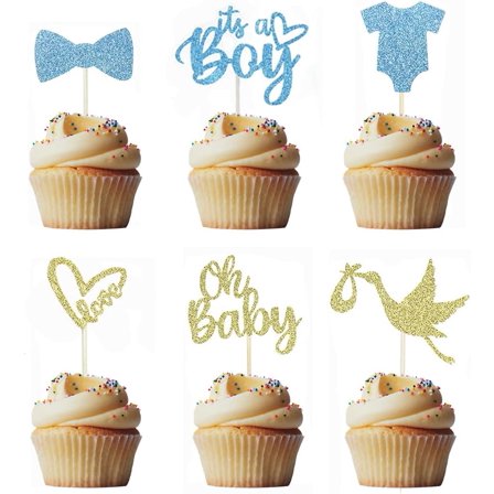 12pcs Oh Baby Cupcake Toppers with Blue Tie Pacifier Shirt Mustache Boy for Birthday Party Gender Reveal Party Decorations