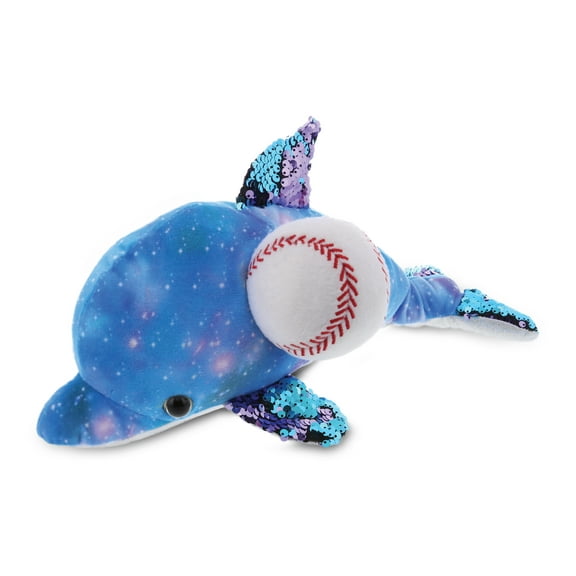 DolliBu Space Sequin Dolphin Stuffed Animal with Baseball Plush - Soft Huggable Dolphin, Adorable Playtime Plush Toy, Cute Ocean Life Gift, Baseball Plush Animal Toy for Kids, Adults - 12 Inch