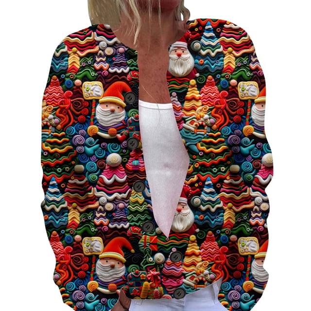 DuoJiaJ Cardigan pour Femmes, Cardigan à Boutons Imprimé de Noël Automne et Hiver à la Mode