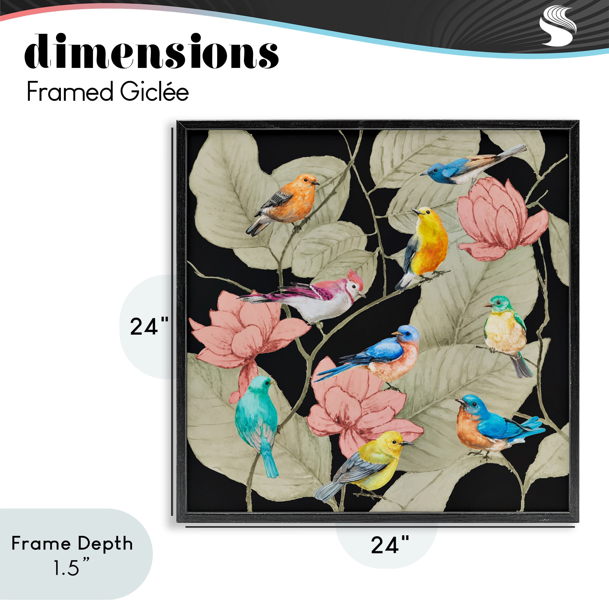 Stupell Industries Colorful Birds & Leaf Motif Black Framed Giclee Art, design by Lorenzo Collective