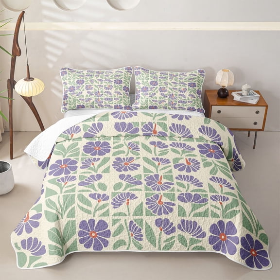 jejeloiu Retro Floral Twin Quilt Set For Girls,Mid-Century Pattern Twin Coverlet Set,Purple Green Cream,2-Piece