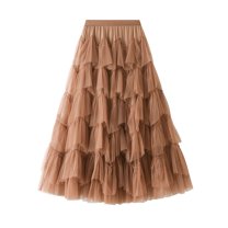 SWSMCLT Women's Vintage Fall Calf Length Chiffon Pleated Skirt Long Tutu Skirt Ruffle Mesh High Waist Bubble Skirt Khaki Small-Large