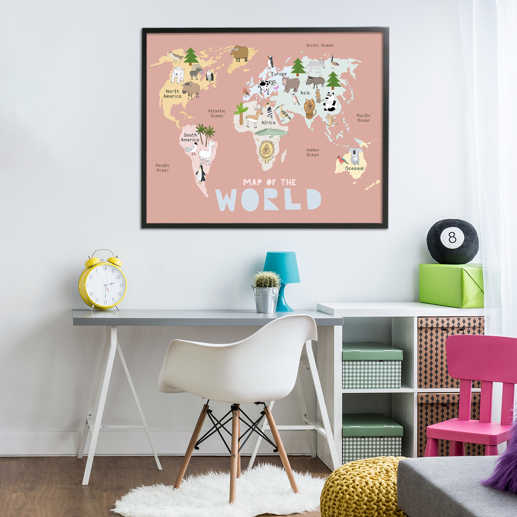 Kid's Map Of World Pink Black Framed Giclee Art, design by Carla Daly