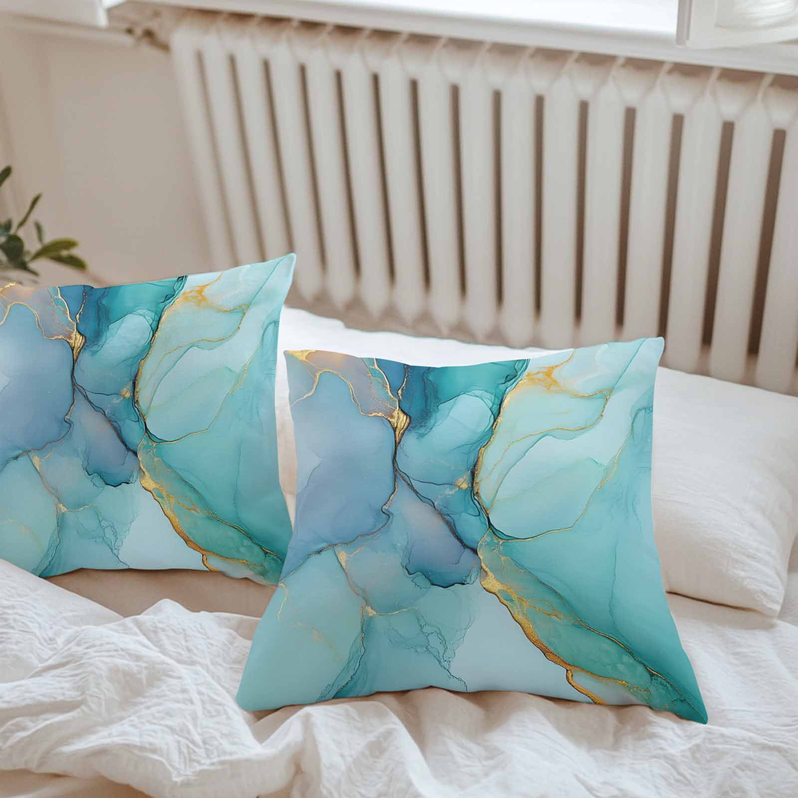 Waterproof Throw Pillow Covers 16x16 Set of 2, Ombre Aqua Green Blue Marble Outdoor Pillowcases with Invisible Zipper, Golden Vein Abstract Color Decorative Cushion Covers for Patio Garden Sofa Couch
