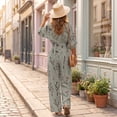 thumbnail image 4 of Women's One Piece Jumpsuits Casual V-Neck Short Sleeve Wide Leg Rompers Summer High Waist Beach Vacation Outfits with Pockets, 4 of 7