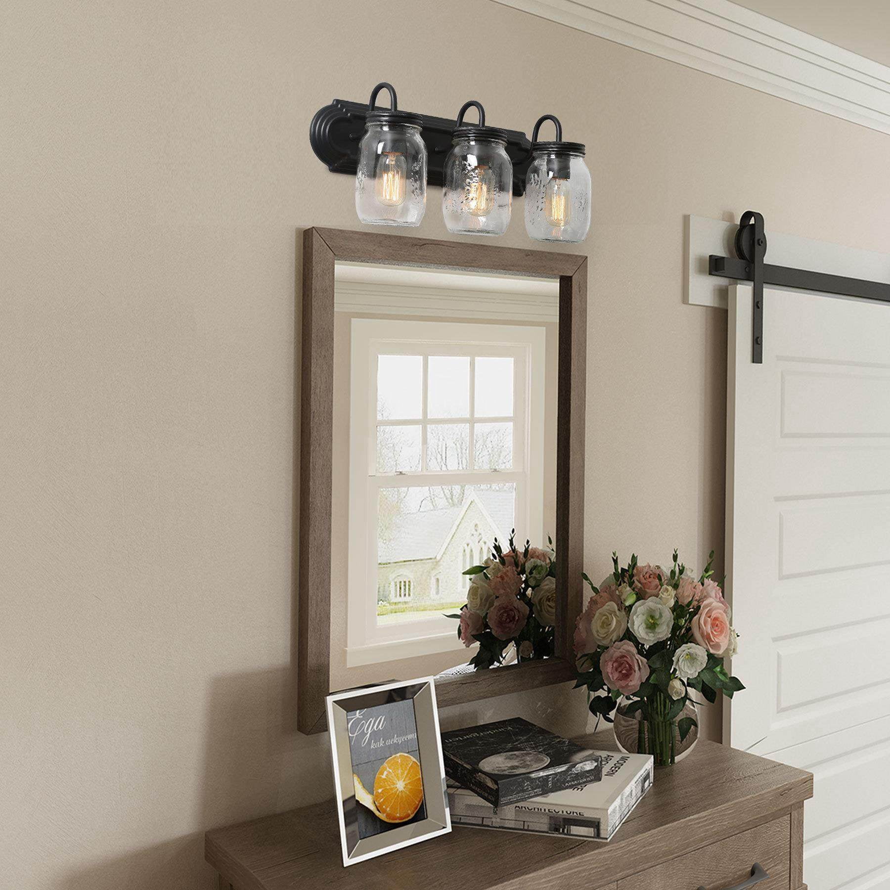 LNC 3-Light Black Geometric Clear Mason Jar Glass Shade Modern Bathroom Vanity Light
