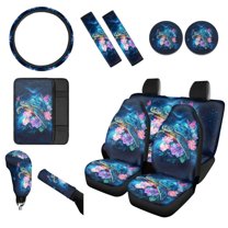 Renewold Sea Turtle Butterfly Flower Galaxy 12 PCS Car Seat Cover Full Set, with Non-slip Steering Wheel Cover Seatbelt Shoulder Cover Coasters Center Console Pad Handbrake Cover Gear Shift Cover