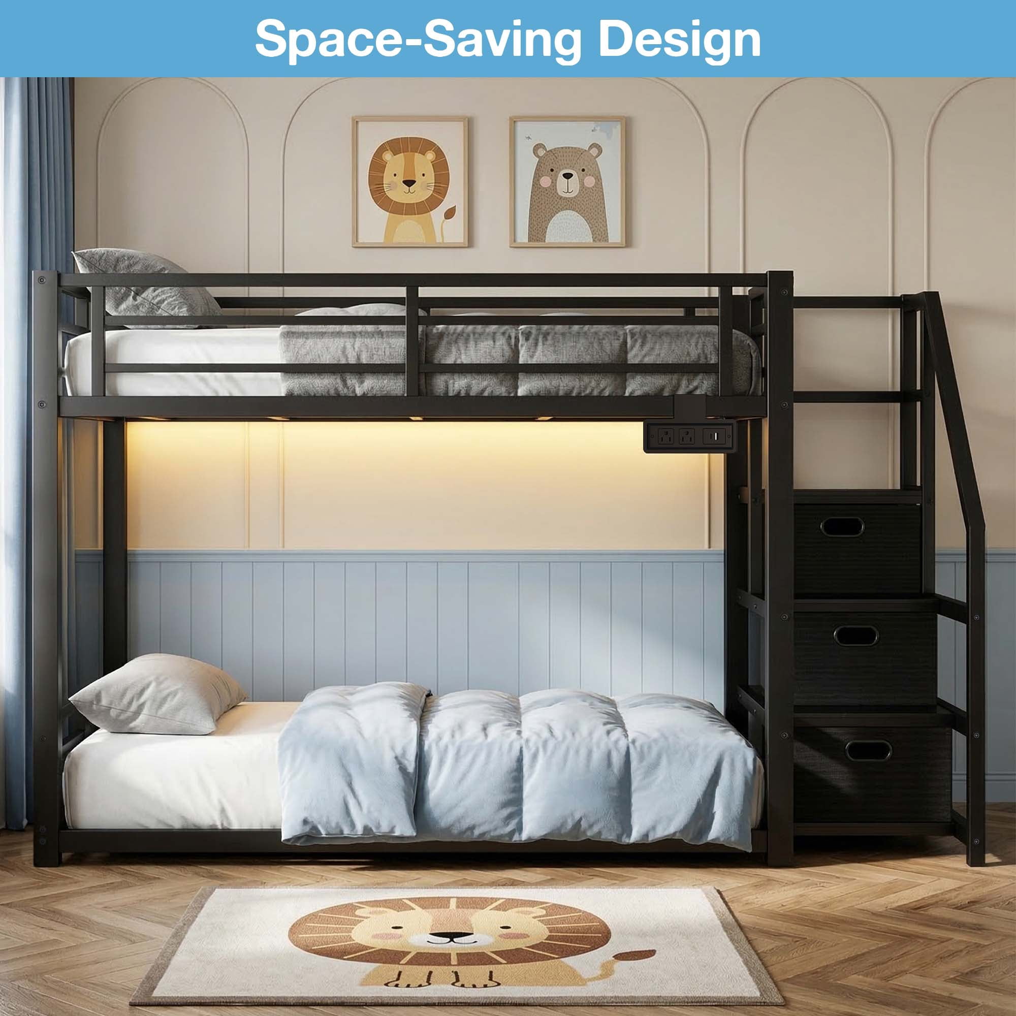 Twin Over Twin Bunk Bed with Storage Stairs, Movable Charging Station and LED Lights, Black