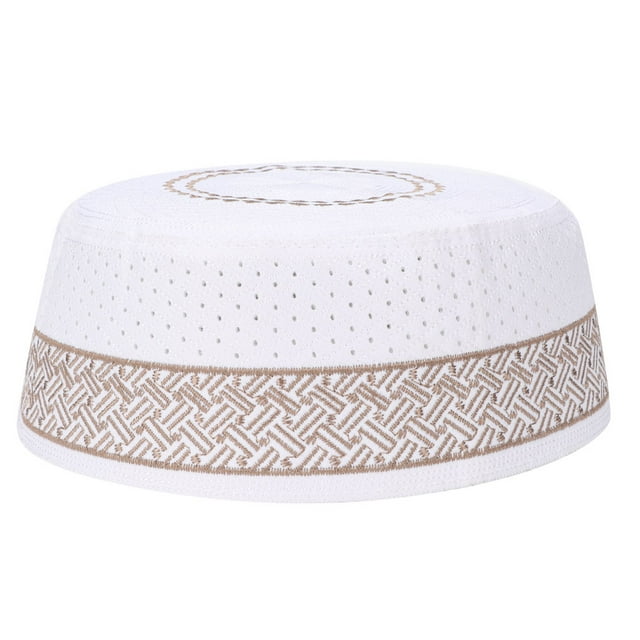 Polyester Mixed Cotton Cloth Muslim Prayer Hat Islam Man Embroidery Hat (Coffee 57cm)